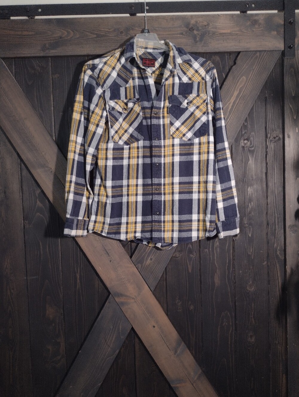 Five Brothers  Vintage Heavy Men's Navy & Yellow Plaid Flannel Shirt Sz Medium